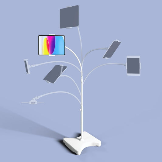 LEVO Adjustable Height Floor Stand for Tablet & Phone - Gooseneck Holder Mount with Stable Base - Compatible with All Cell Phones & Tablets (4-13 inch) - White