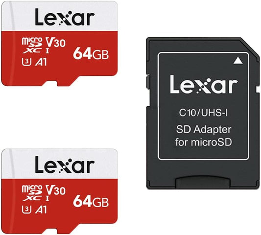 Lexar 64GB Micro SD Card 2 Pack, microSDXC UHS-I Flash Memory Card with Adapter - Up to 100MB/s, U3, Class10, V30, A1, High Speed TF Card (2 microSD Cards + 1 Adapter)