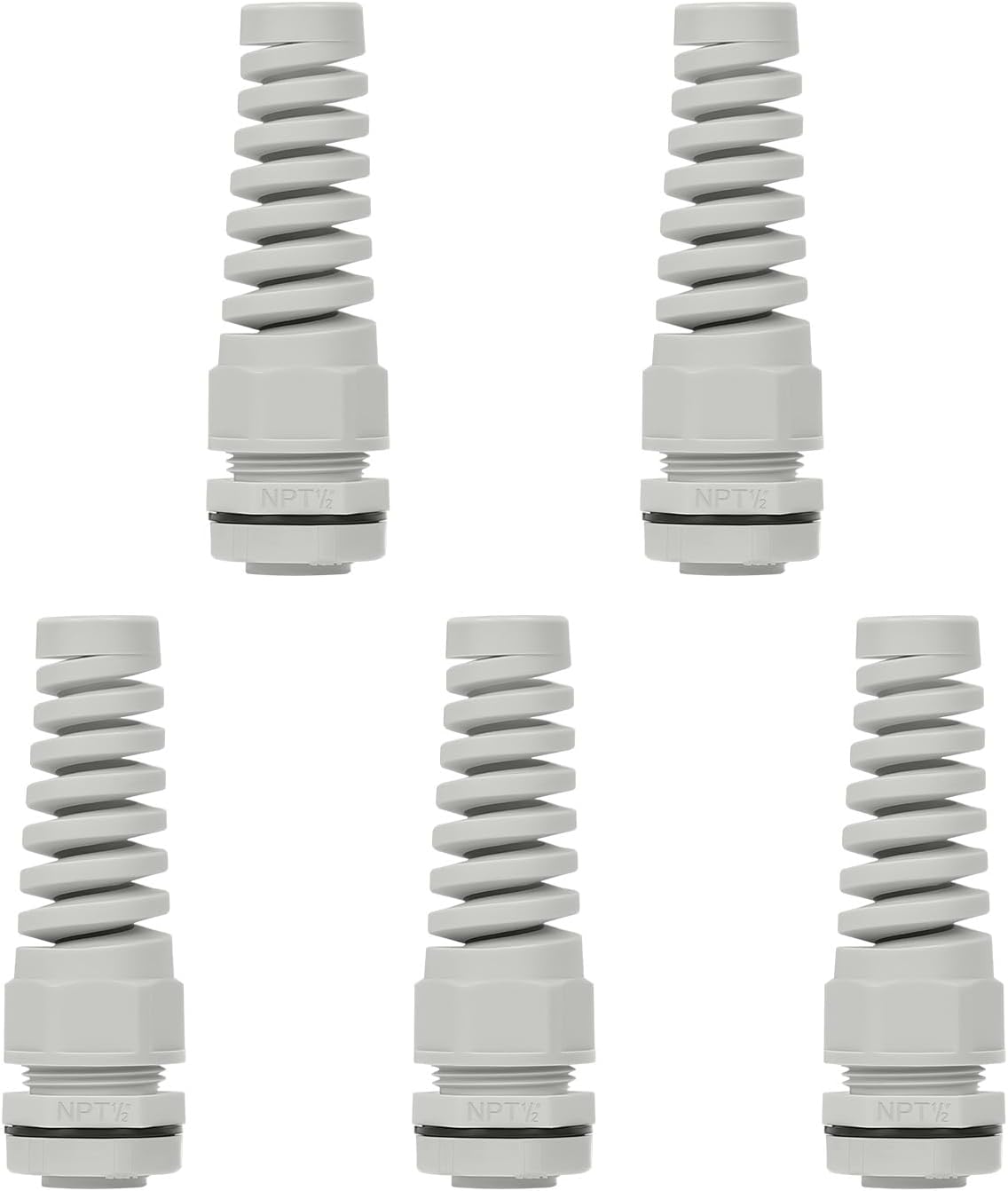 LeMotech 5Pcs NPT 1/2" IP68 Waterproof Cable Gland Flex Spiral Strain Relief Grey Nylon Joint with Gaskets for 6-12mm Wire Thread