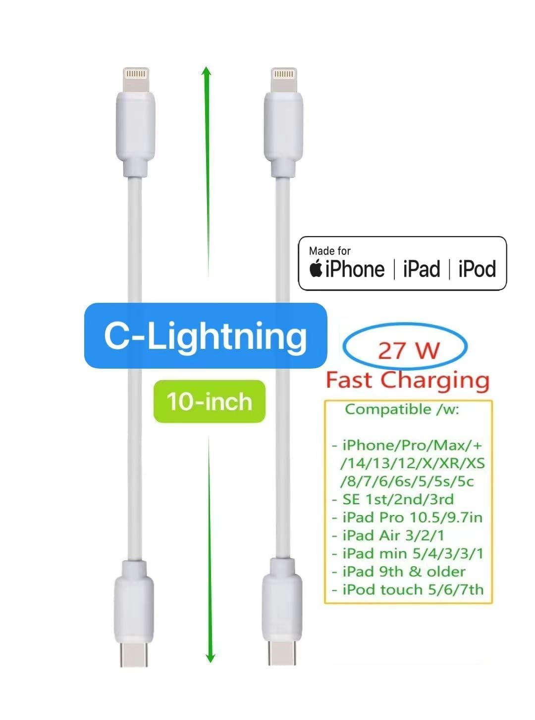 10-Pack Multi Short USB Cables & TypeC-C Cables for Charging Stations Compatible/w iPhone16/15, iPhone5-14/ iPads/iPad mini/iPad Pros/Samsung Moblies & Tablets/Pixel & Nexus/HTC/Sony(White)