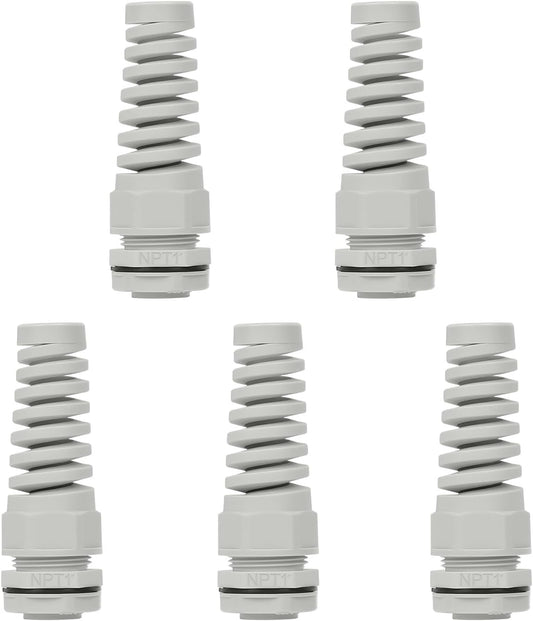 LeMotech 5Pcs NPT 1" IP68 Waterproof Cable Gland Flex Spiral Strain Relief Grey Nylon Joint with Gaskets for 18-25mm Wire Thread