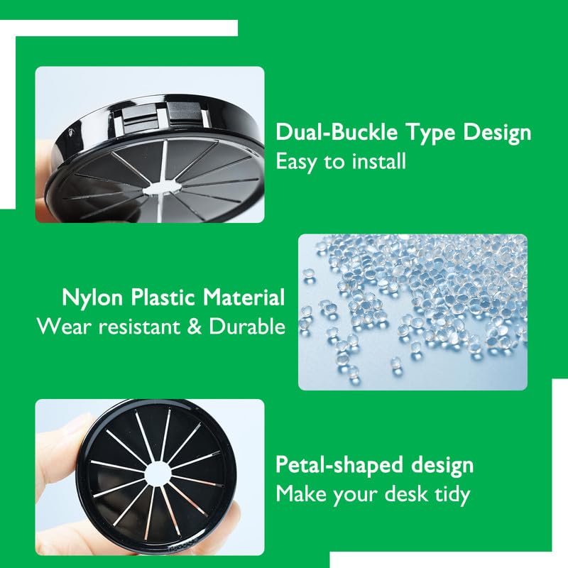 15PCS Cable Grommets, 1-1/2"(38mm) Desk Hole Cover Petal Shaped Buckle Type Nylon Snap Bushing Grommet, Wire Hole Cover Insert for Cables and Cords Management and Protection of Cabinet, Black