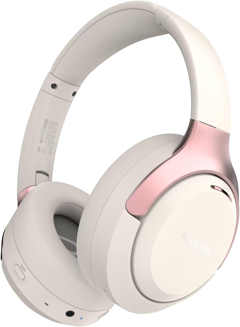 LC30Pro Hybrid Active Noise Cancelling Headphones, 100H Playtime Bluetooth Headphones, HiFi Audio Wireless Headphone with 3 EQ Modes, Low Latency & Foldable Design (Beige White)
