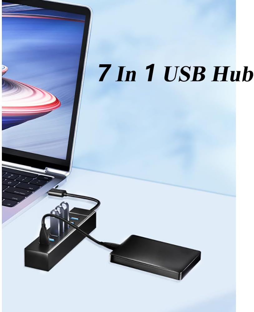2 Pack 7 Ports USB Hub, Multiple Port USB Adapter with Indictor Light, High Speed Data Transmission Docking Station, Compatible with Mouse, Keyboard, Printer, Windows, MacOS, Linux