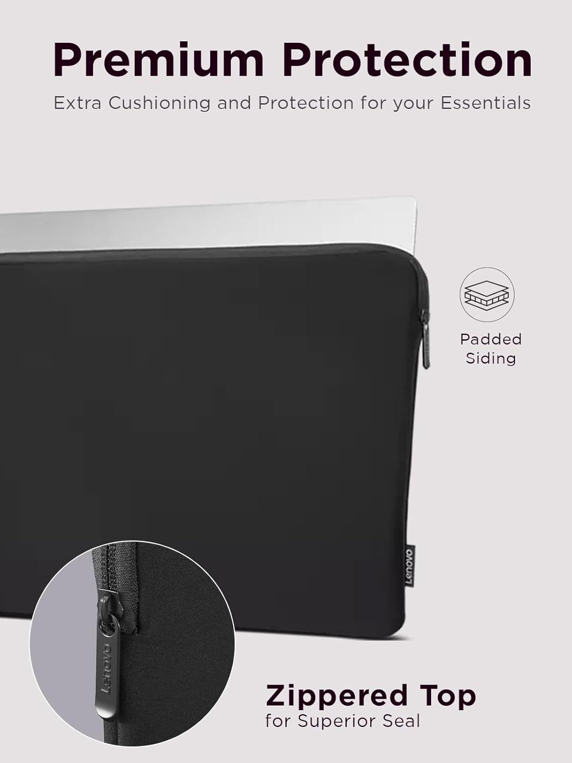 Lenovo Basic Laptop Sleeve 15.6 Inch Notebook/Tablet Compatible with MacBook Air/Pro Neoprene Material - Soft Fleece Lining - Zippered Top Opening - Black