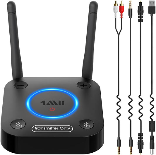 1Mii B06TX Bluetooth 5.2 Transmitter for TV to Wireless Headphone/Speaker, Bluetooth Adapter for TV w/Volume Control, AUX/RCA/Optical/Coaxial Audio Inputs, Plug n Play, aptX Low Latency & HD