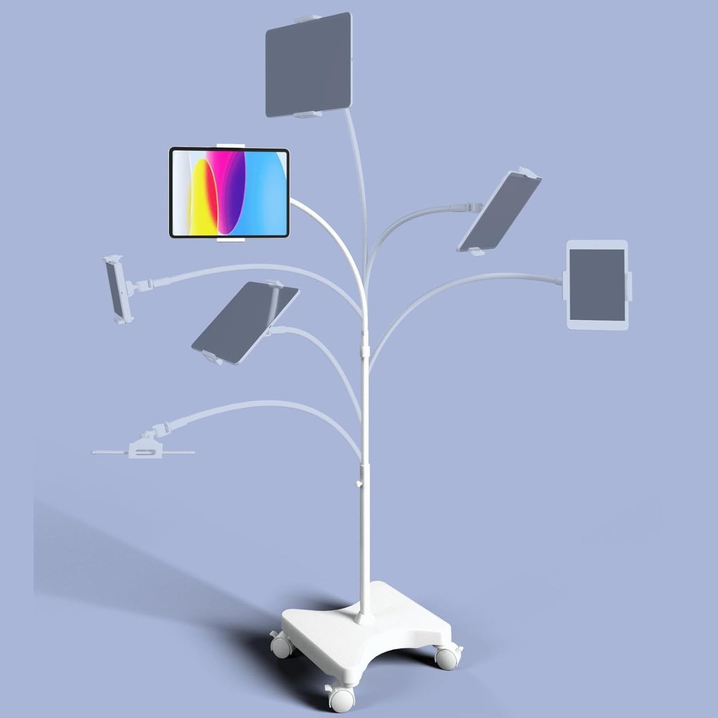 LEVO Adjustable Height Floor Stand on Wheels for Tablet & Phone - Gooseneck Holder Mount with Stable Base - Compatible with All Cell Phones & Tablets (4-13 inch) - White