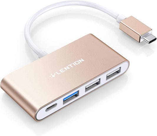 LENTION 4-in-1 USB-C Hub with Type C, USB 3.0, USB 2.0 for 2024-2016 MacBook Pro (M1-M4), iPhone 16-15 New Mac Air/Surface, ChromeBook, More, Multiport Charging & Connecting Adapter (C13, Gold)