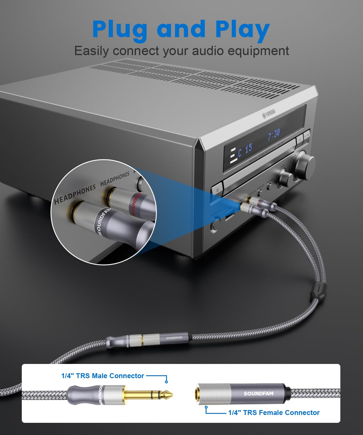 1/4" Splitter Cable 2 Feet/60CM,Microphone Splitter 1 Female to 2 Male TRS 1/4 inch Splitter 6.35mm Stereo Female Plug to Dual 6.35mm Male-Grey