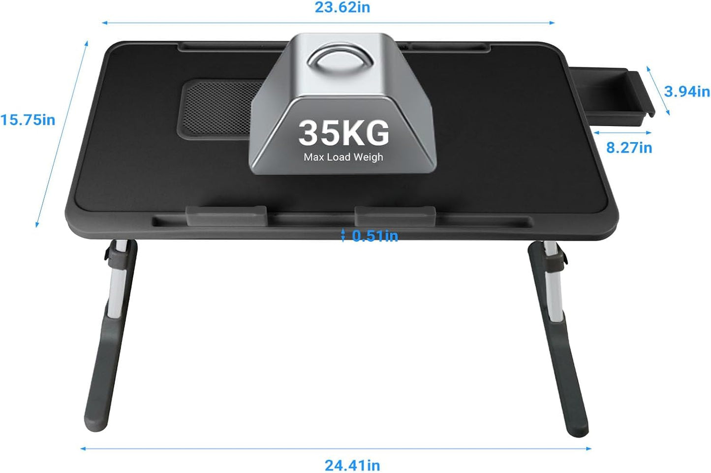 Laptop Lap Desk Include Cooling Fan,Adjustable Lap Desk with Light Fan,Folding Laptop Desk for Bed with USB,Bed Desk with Storage Drawer 60 * 40cm,Black