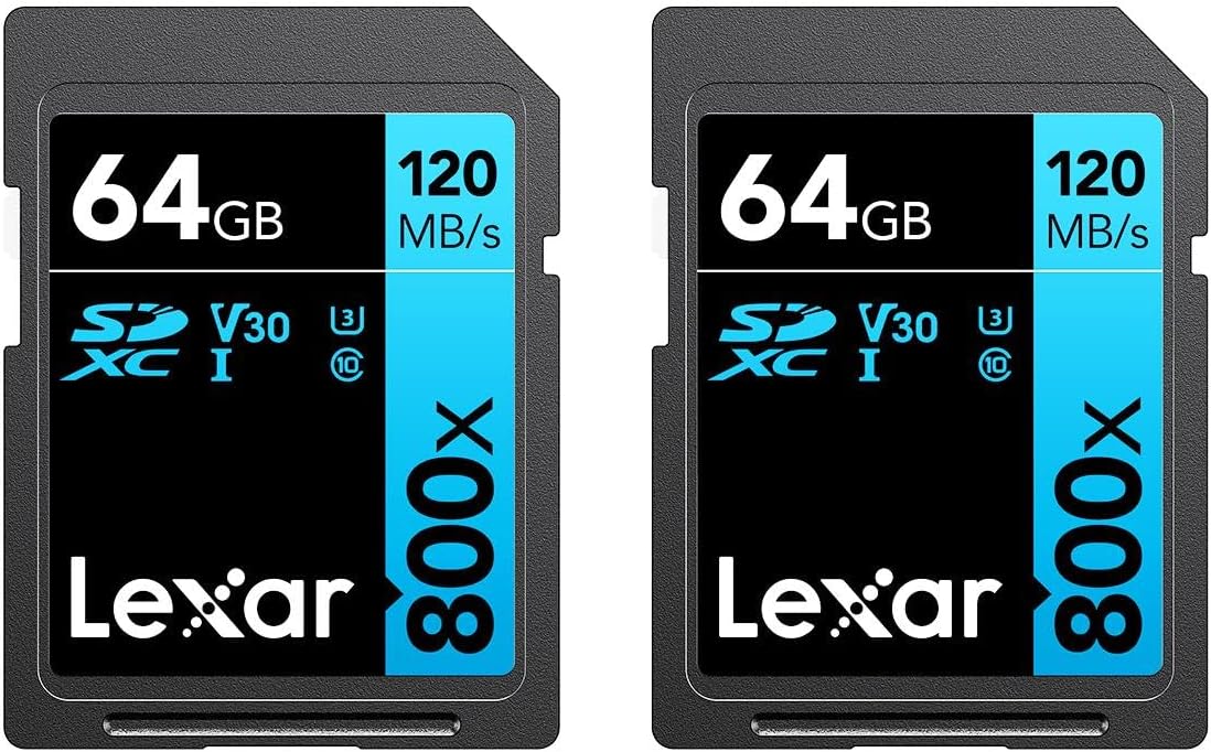 Lexar High-Performance 800x 64GB (2-Pack) SDXC UHS-I Memory Cards, C10, U3, V30, Full-HD & 4K Video, Up to 120MB/s Read, for Point-and-Shoot Cameras, Mid-Range DSLR, HD Camcorder (LSD0800064G-B2NNU)