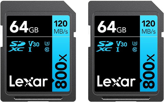 Lexar High-Performance 800x 64GB (2-Pack) SDXC UHS-I Memory Cards, C10, U3, V30, Full-HD & 4K Video, Up to 120MB/s Read, for Point-and-Shoot Cameras, Mid-Range DSLR, HD Camcorder (LSD0800064G-B2NNU)