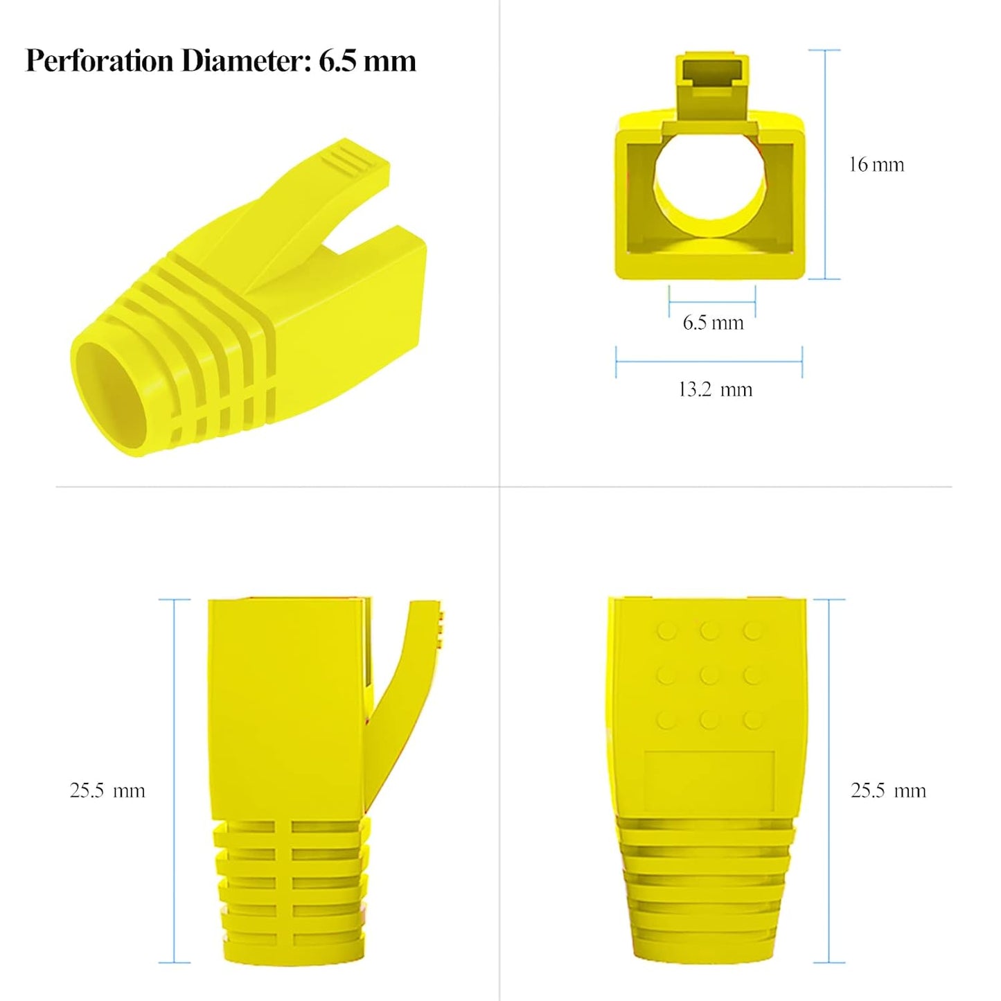 100Pack RJ45 Boot Cover, Cat5 Cat6 Cat6A Ethernet Network Cable Strain Relief Boot, Fits Overall Jacket Diameter 5.5-6.5MM Ethernet Cable (Hole Diameter: 6.5mm, Yellow)