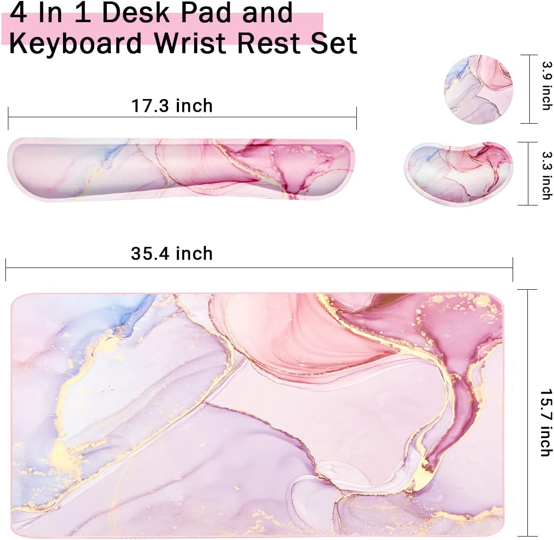 Large Mouse Pad and Keyboard Wrist Rest, Desk Pad for Keyboard and Mouse, 4-in-1 Large Gaming Mouse Pad with Wrist Support, Non-Slip Desk Mat for Home Office Study Game-Pink Marble