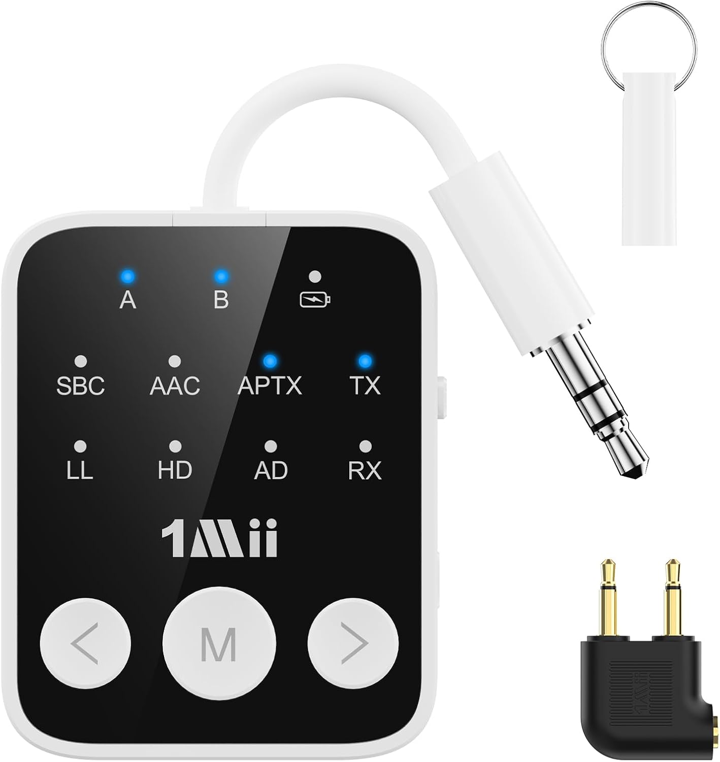 1Mii Bluetooth 5.3 Transmitter Receiver 2-in-1, aptX Adaptive & Low Latency Wireless Audio Adapter for Airplane, Dual Link 2 Devices, 25H Playtime, 3.5mm AUX for TV/Car/Home Stereo/Gym -White