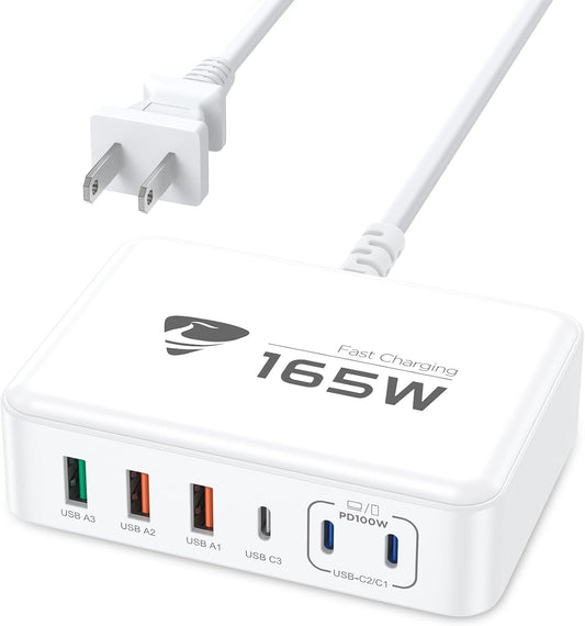 165W USB C Charging Station 6-Port GaN USB C Charger, PD 100W Laptop Hub Wall Charger Multiport USB c for MacBook Pro/Air,iPhone 15 16 Pro Max,iPad, Galaxy S24
