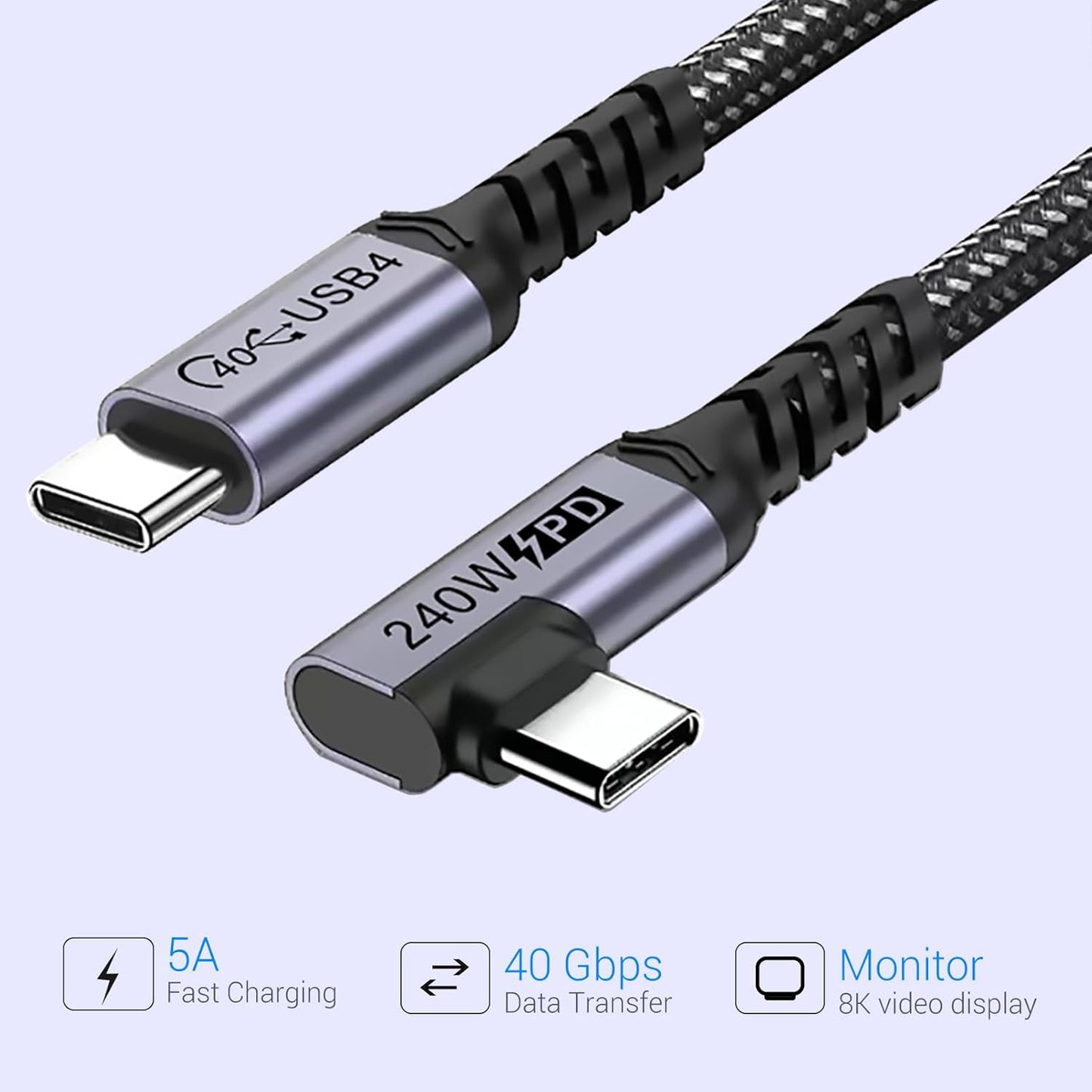 1FT USB 4 Cable Right Angle [2 Packs], 240W USB C Cable, 40Gbps High Speed Data Transfer with Single 8K or Dual 4K Display Video Dispaly Compatible with iPhone 16/16 Pro Max/16 Plus