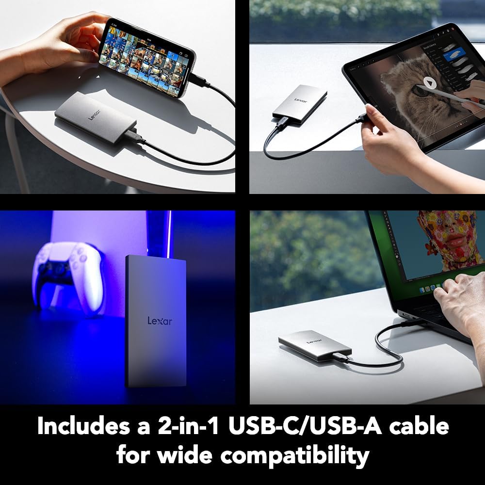 Lexar 2TB ES3 External SSD, Up to 1050MB/s Read, Storage Expansion, Compatible w/USB-C Smartphones, iPhone 15/16, PC, Mac, Tablets, Sleek & Sturdy Design, Silver (LES3XXX002T-RNSAU)