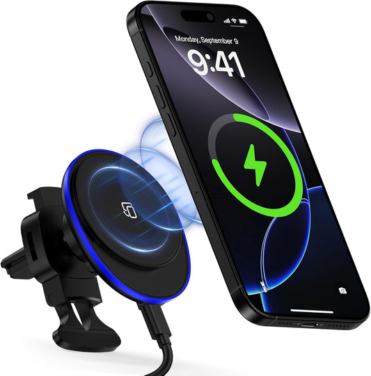 15W Magnetic Car Mount Wireless Charger for Samsung Galaxy S25 Ultra Z Fold7 Flip7 S24 FE S23 Plus S22 S21 MagSafe Wireless Charger Air Vent Auto Car Phone Holder for iPhone 16e 16 Pro Max/Plus 15 14