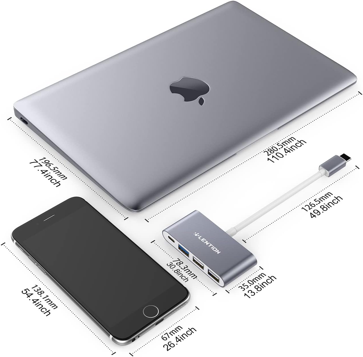 LENTION 4-in-1 USB-C Hub with Type C, USB 3.0, USB 2.0 for 2024-2016 MacBook Pro (M1-M4), iPhone 16-15 New Mac Air/Surface, ChromeBook, More, Multiport Charging & Connecting Adapter (C13, Space Gray)