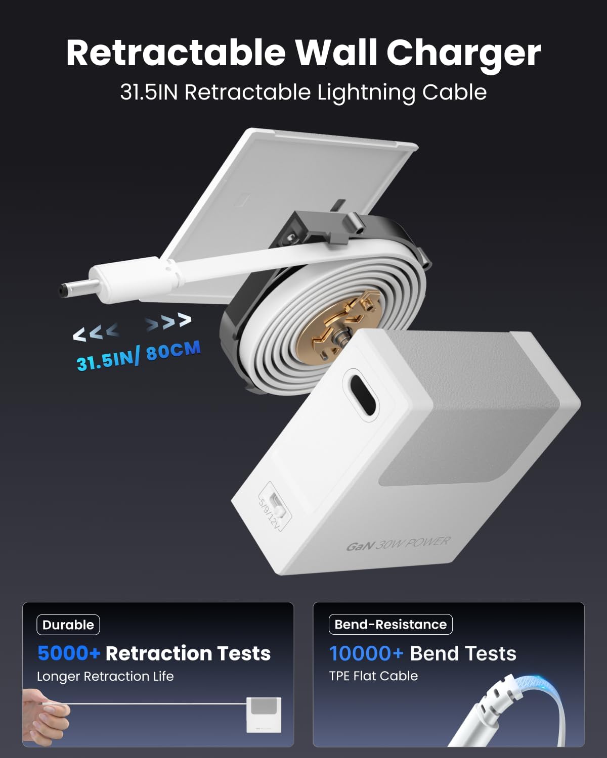 12V 2.5A Power Supply Adapter with Retractable 31.5in DC Power Cord, 30W Retractable Charger with Foldable Plug, Compatible for LED Strip Light, Camera, BT Speaker, GPS, Webcam, Router, TV Box