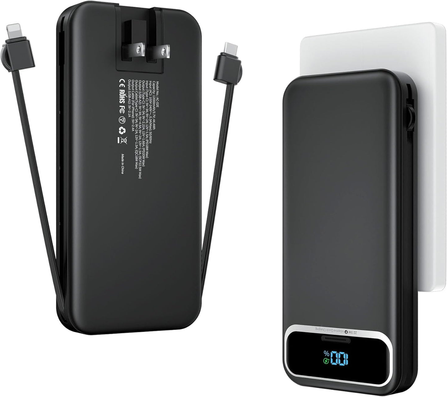 12000mAh Lightweight-Portable-Charger-Power-Bank with Built-in Cables and AC Wall Plug, PD20W USB-C Fast Charging Battery Pack, LED Display External Travel Phone Charger for All iPhone,Samsung,Android