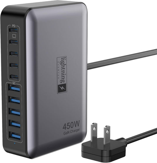 10 Ports USB C Charger Block, 450W USB Charging Station for Multiple Devices, 5 Type C + 5 USB A GaN PD Charger Hub, Compact Power Brick Super Fast Charging for MacBook, Ipad, iPhone, Samsung
