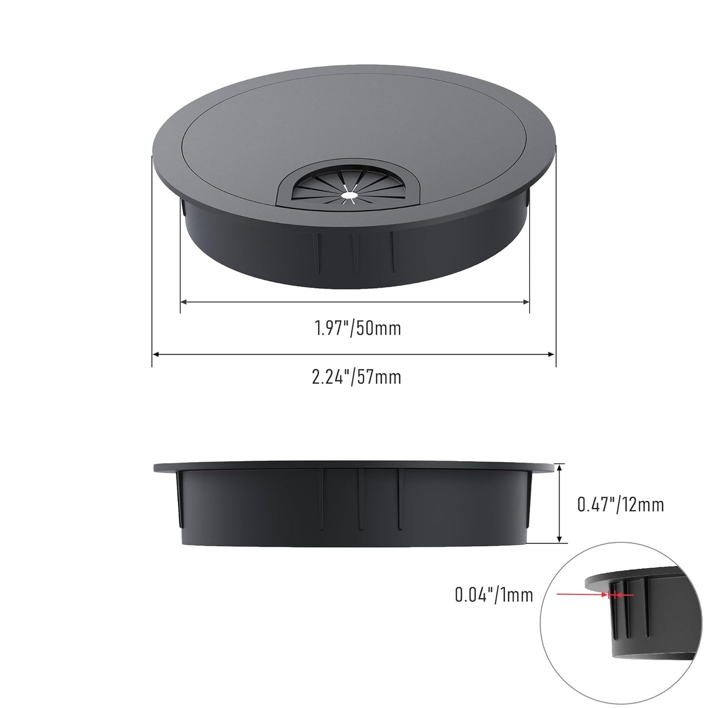 2 Pack Desk Grommet 2 Inch 50mm, Zinc Alloy Computer Desk Wire Hole Cover, Office Desktop Cord Cable Hole Metal Ring, Black