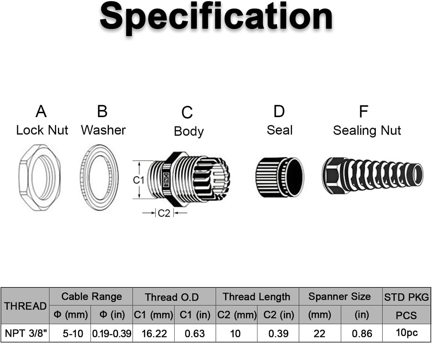 LeMotech 10Pcs NPT 3/8" IP68 Waterproof Cable Gland Flex Spiral Strain Relief Black Nylon Joint with Gaskets for 5-10mm Wire Thread
