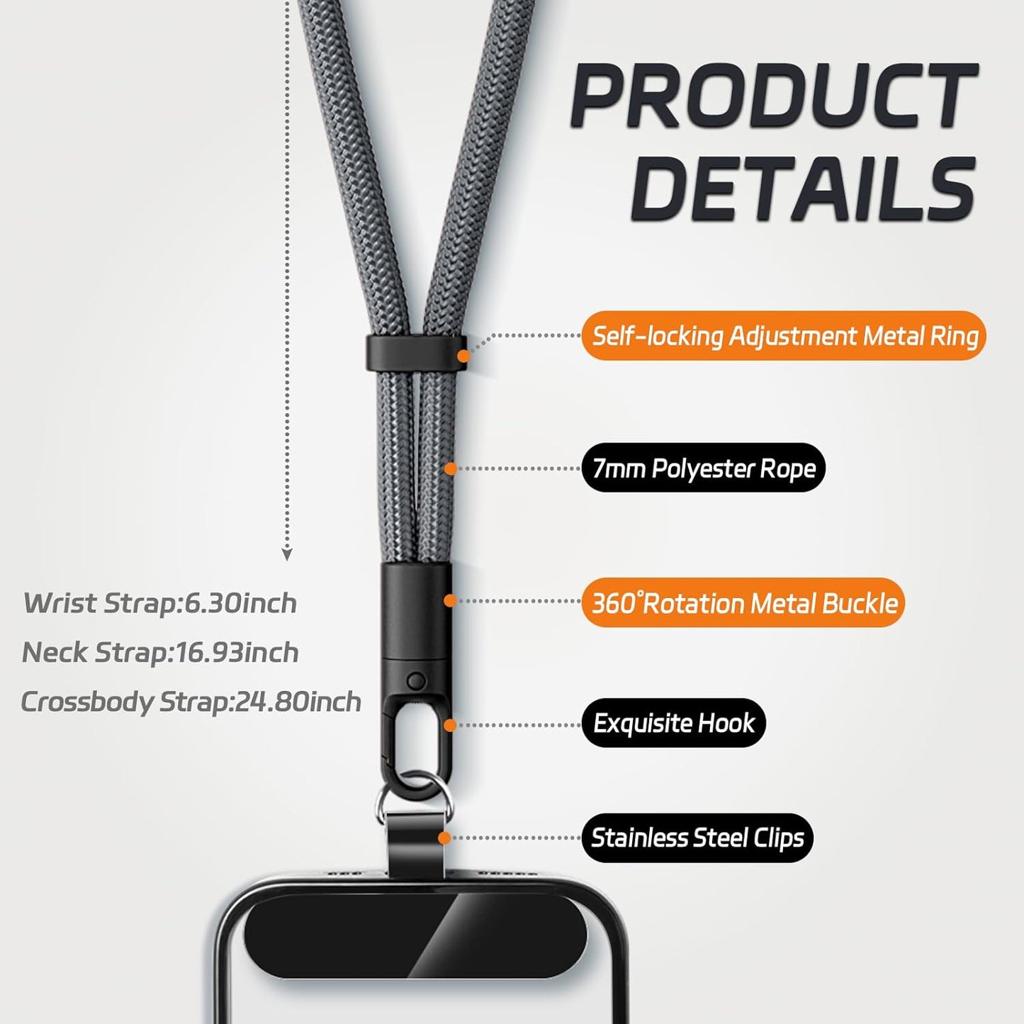 2 Pack Phone Lanyard,2×Phone Neck Strap,4×Tether Tabs,Universal Cell Phone Multifuctional Patch Polyester Lanyards,Cell Phone Lanyards for Women and Men(balck+grey)