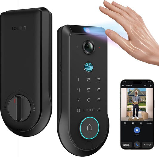Lockin Veno Pro Palm Vein Video Smart Lock with 2K 180° Camera, Fingerprint Recognition, AI Motion Detection, IP65 Weatherproof, Remote App Control, 32GB Built-in Storage, No Monthly Fee