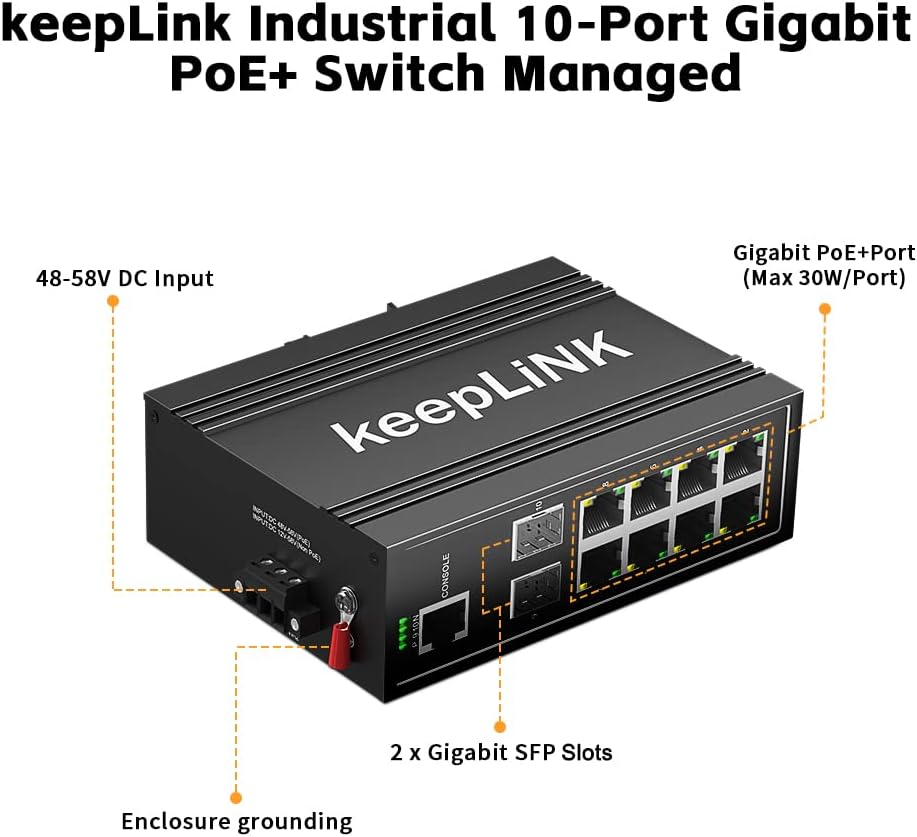 10-Port Industrial Gigabit PoE Switch, Managed with 8 PoE+@130W, 2 SFP Slots, DIN Rail Network Switch, IP40, Operating Temperature Range of -30° – 75°C (-22° – 167°F), Lifetime Protection