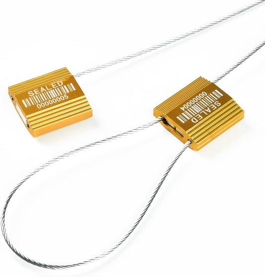 100 Yellow Steel Cable Seals with Barcode, ISO 17712 Security Seals: Truck Seal, Anti-Tamper Pull Tite Tags, Self-Locking Safety Ties