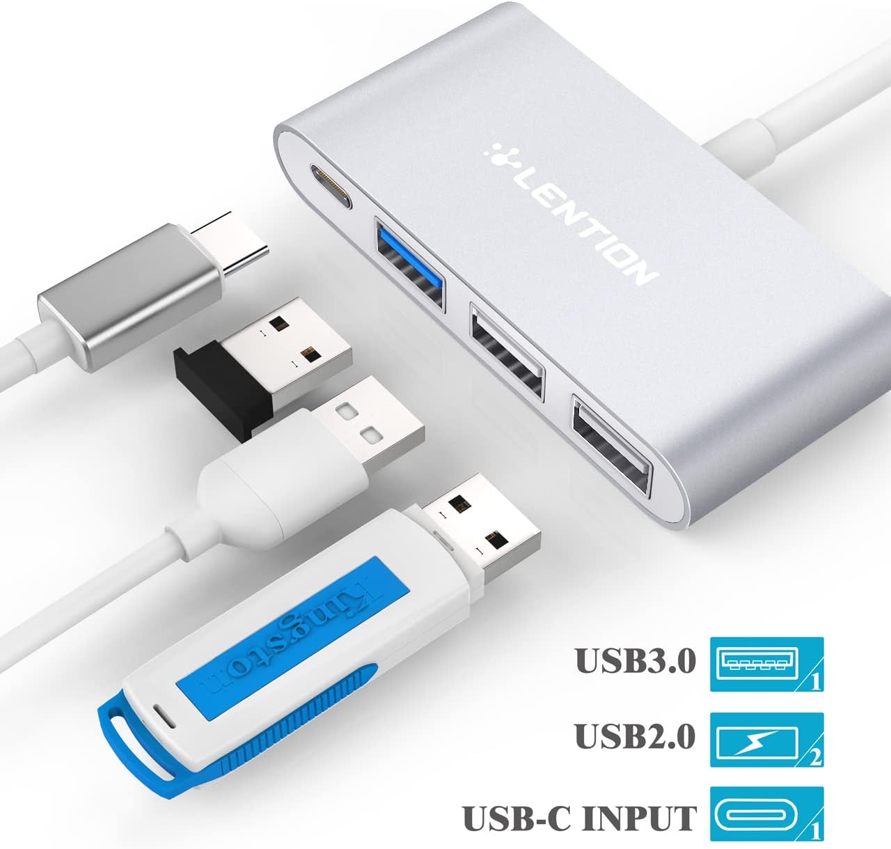 LENTION 4-in-1 USB-C Hub with Type C, USB 3.0, USB 2.0 for 2024-2016 MacBook Pro (M1-M4), iPhone 16-15 New Mac Air/Surface, ChromeBook, More, Multiport Charging & Connecting Adapter (C13, Silver)