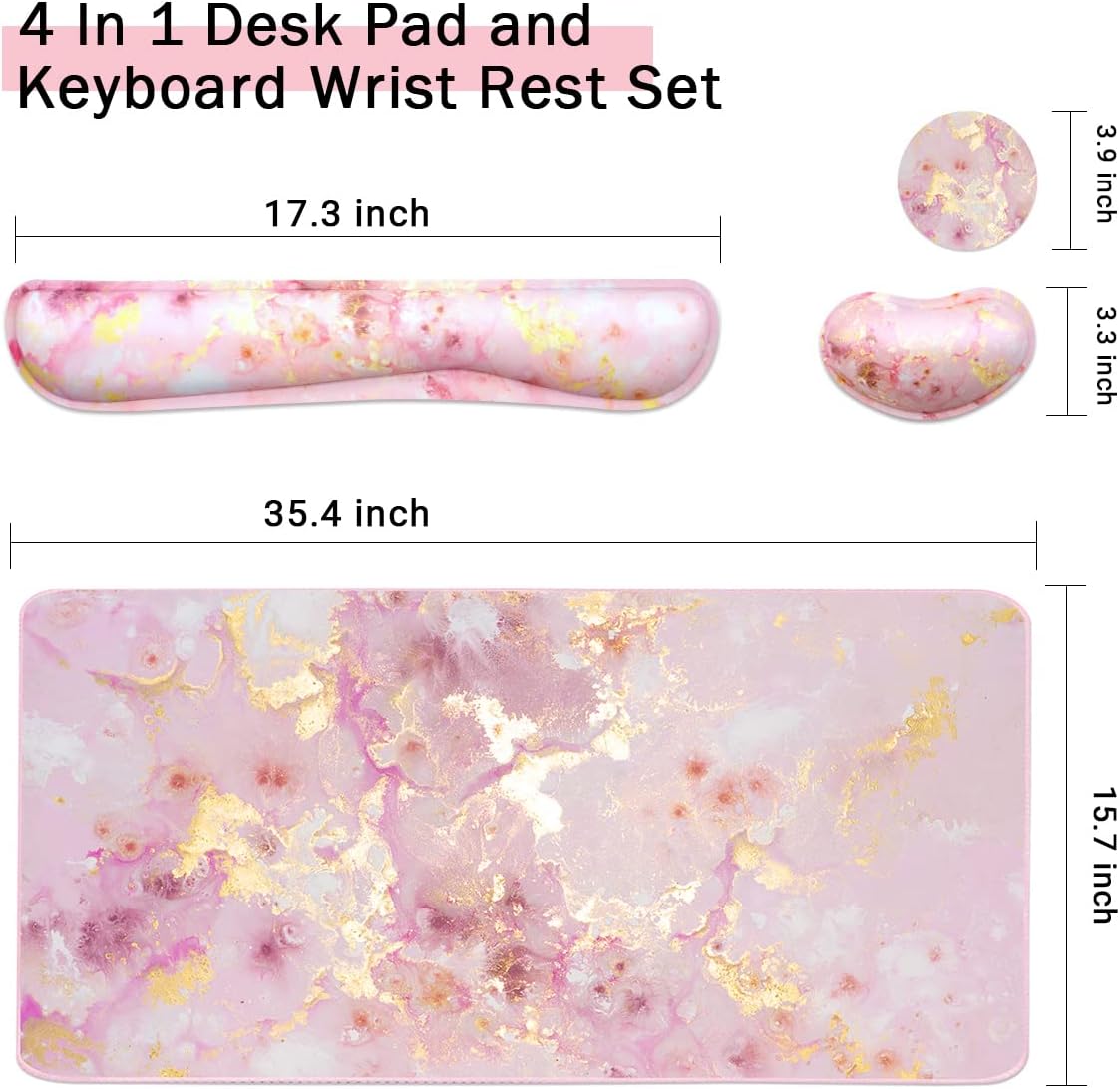 Large Mouse Pad and Keyboard Wrist Rest, Desk Pad for Keyboard and Mouse, 4-in-1 Large Gaming Mouse Pad with Wrist Support, Non-Slip Desk Mat for Home Office Study Game-Pink Gold Marble
