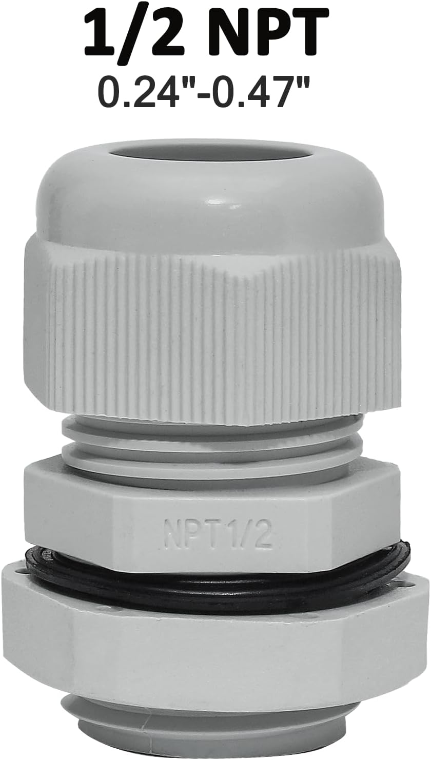 10 Pcs 1/2" NPT Nylon Cable Glands, IP68 Waterproof Adjustable Cord Grip Cable Connector Strain Relief Wire Protectors for 6-12mm Cable Diameter, Grey