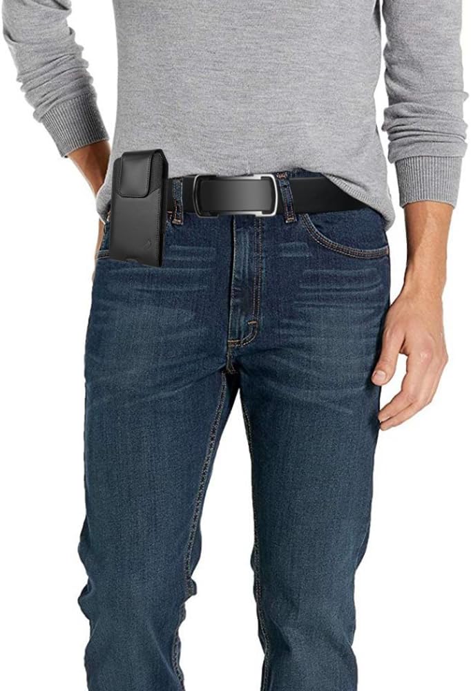 Leather Cellphone Holster for iPhone 11 Pro Max, XS Max, 8/7 Plus, Vision Plus, Nokia C210, Galaxy A53, S23+, TCL 30Z - Vertical Case Waist Carrying Pouch with Belt Clip/Loops, Black