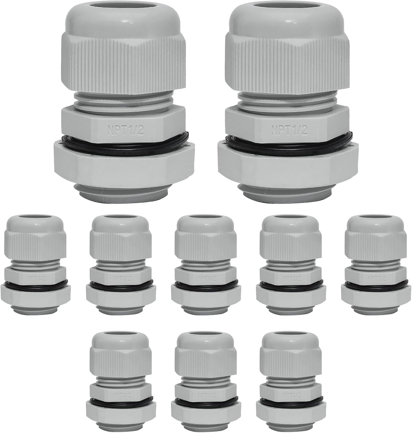 10 Pcs 1/2" NPT Nylon Cable Glands, IP68 Waterproof Adjustable Cord Grip Cable Connector Strain Relief Wire Protectors for 6-12mm Cable Diameter, Grey