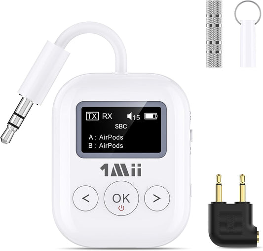 1Mii SafeFly Min+ Bluetooth Transmitter and Receiver,Bluetooth Adapter for Airplane, Supports to 2 AirPods/Headphones,Use with Any 3.5mm Jack on Airplanes, Gym, TVs, Car, Home, Boat(White)