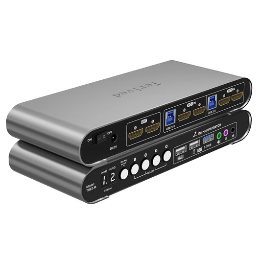 2 Computers 2 HDMI Monitors Matrix Automatic KVM Switch 4K@60Hz, Hotkey Switching, EDID, Digital Display and Aluminum Shell, USB 3.0 Hub Audio Microphone with Cables