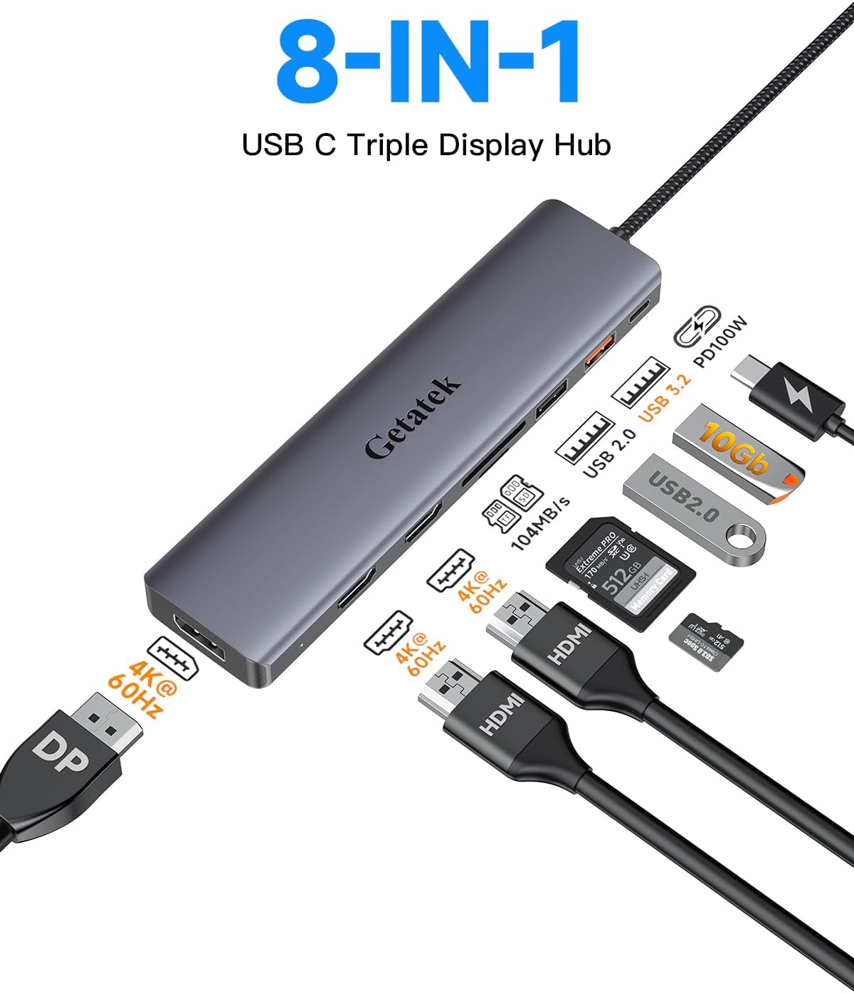 10Gbps USB C Hub, USB-C Laptop Docking Station, 8in1 Triple Display Docking Station for Dell Hp Lenovo Surface Windows (Dual HDMI+ DisplayPort + PD3.0 100W +SD TF Card Reader +10GB USB Port)