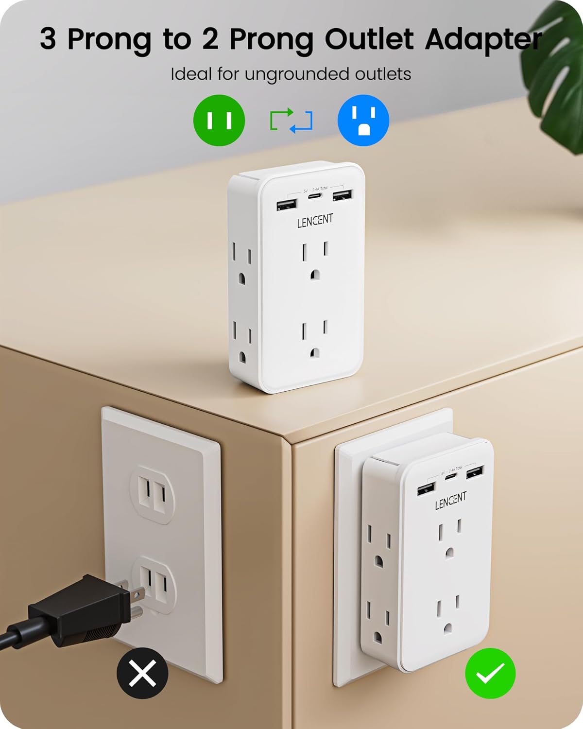 LENCENT 2 to 3 Prong Outlet Adapter, 2 Prong Power Strip with 6 AC Sockets 3 USB Ports(1 USB C), 3-Sided Wall Plug Splitter, 1875W Max, Compact Adapter for Non-Grounded Outlets in Old Houses