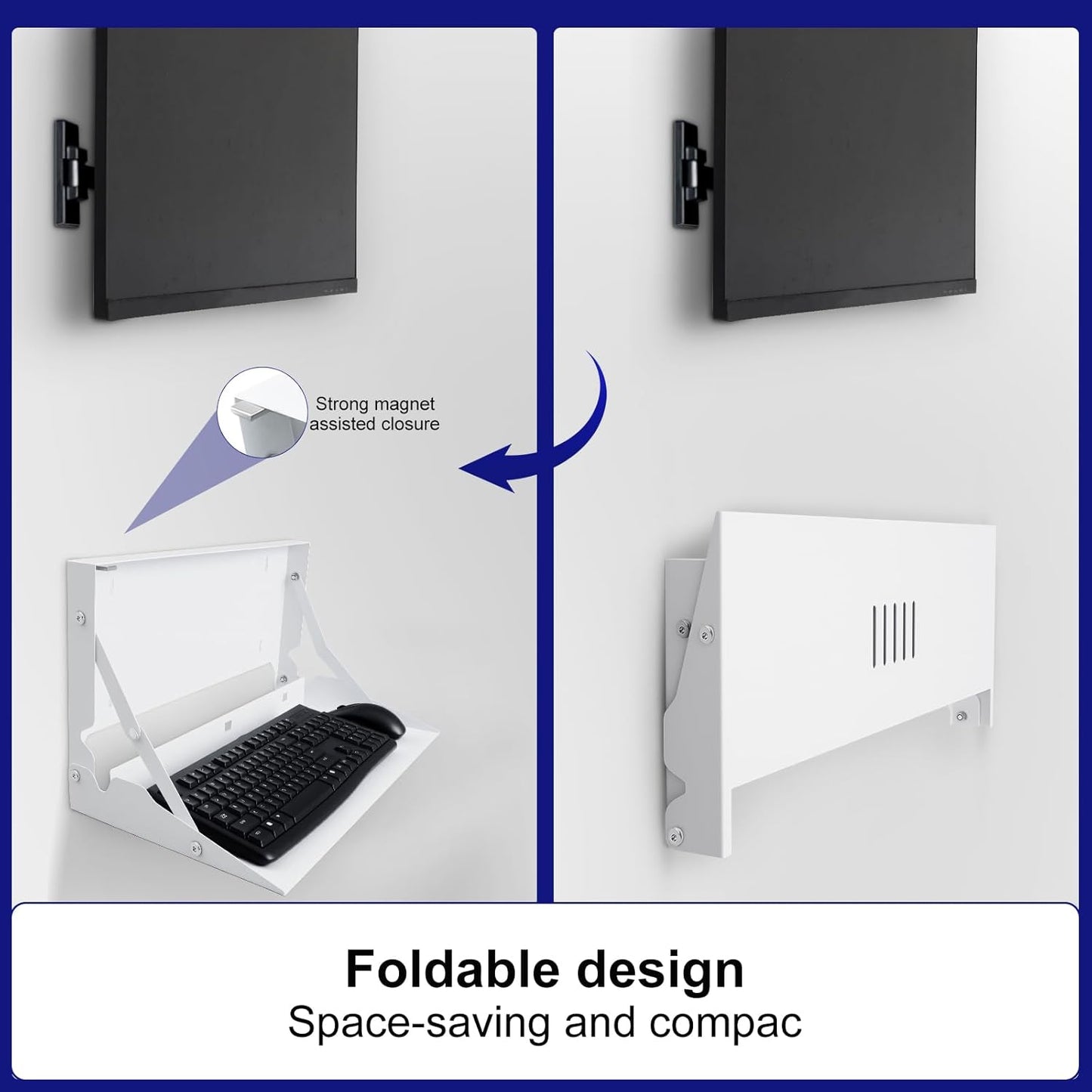 1 Pcs 24 Inch Keyboard Wall Mount Foldable Fits Standard Computer Keyboard Mouse Stand Tray Organizer for Small Offices Apartments, Easy Installation with 4 Screws (White)