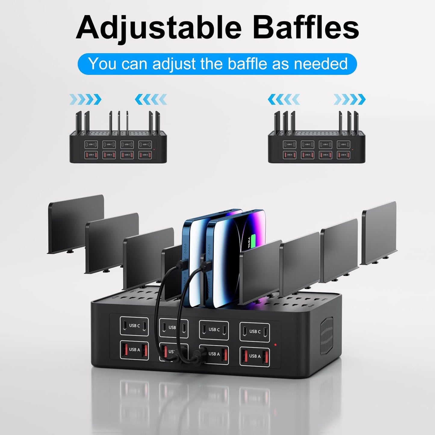 150W/35A Charging Station for Multiple Devices, 16 Port USB C Fast Charging Station with Adjustable Dividers - Organizer Charging Dock for Smartphone, iPad, Kindle, Tablet & More