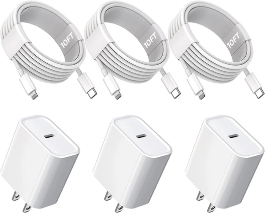 10FT iPhone Fast Charger,3Pack Extra Long[Apple MFi Certified]iPhone Charger Fast Charging Quick 10Foot USB C to Lightning Cable Cord Adapter Block for iPhone 14 Pro Max/14 Plus/13/12Mini/11/XS/X/iPad