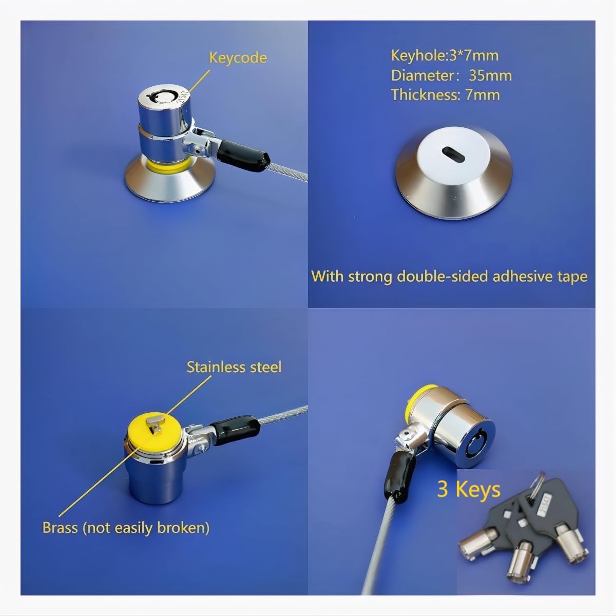 10-Foot Retractable Anti-Theft Steel Cable Lock with Lock Plate, Suitable for laptops, Tablets, Monitors, and Mobile Phones (Silver, 1 Pack)