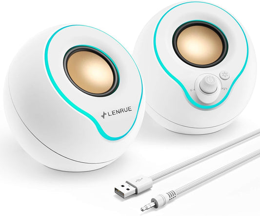 LENRUE Computer Speakers, PC Speakers with Colorful Lights Button, Volume Knob, 45 ° Tilt, Loud Sound, AUX and USB Powered for PC Desktop Monitor Laptop