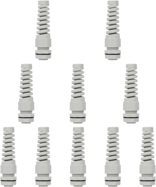 LeMotech 10Pcs NPT 1/4" IP68 Waterproof Cable Gland Flex Spiral Strain Relief Grey Nylon Joint with Gaskets for 4-8mm Wire Thread