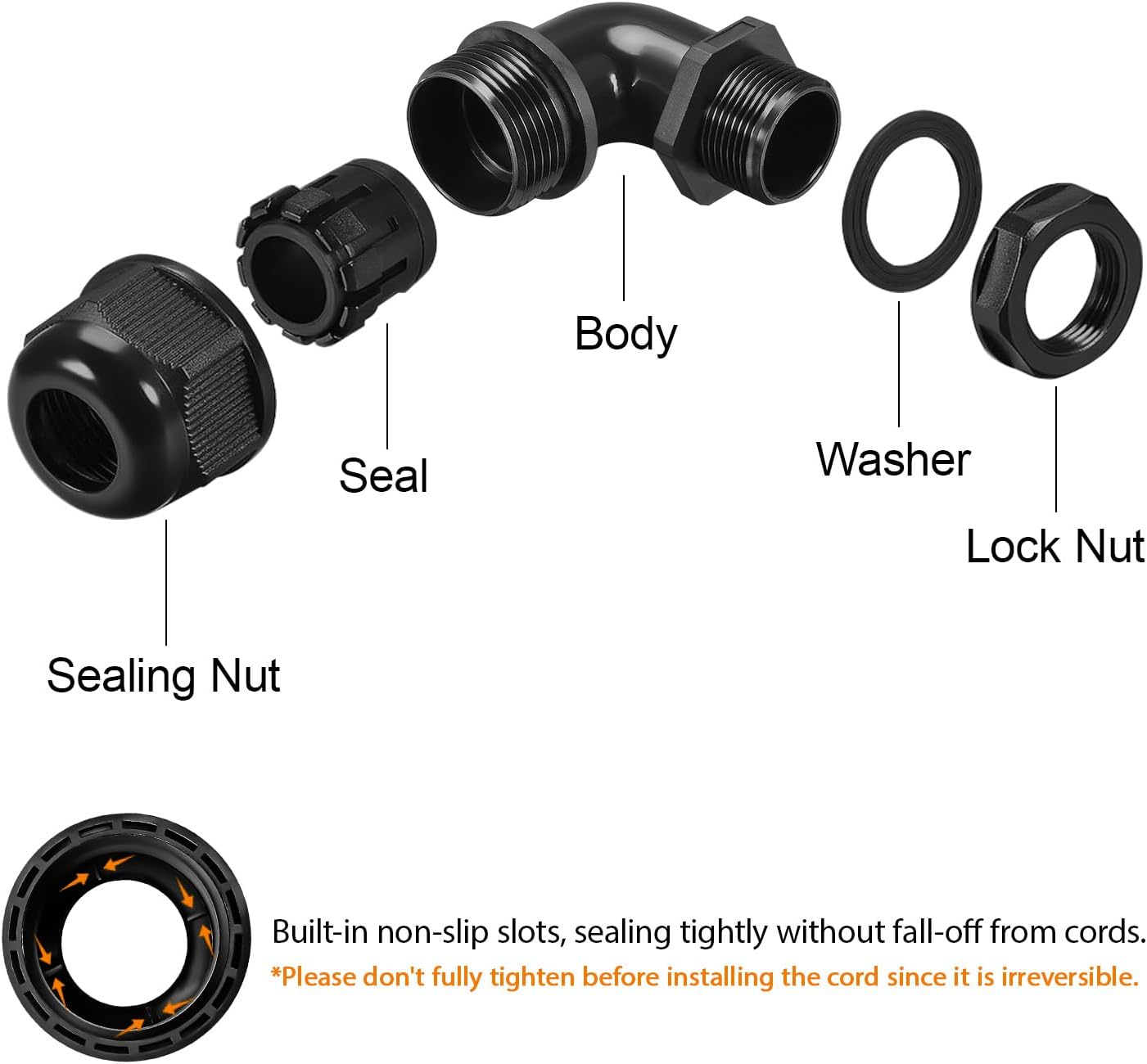 LeMotech M32 Cable Gland, 90 Degree Adjustable 18-25mm Strain Relief, Cord Connectors Nylon Joints with Gaskets, 2 Pcs, Black