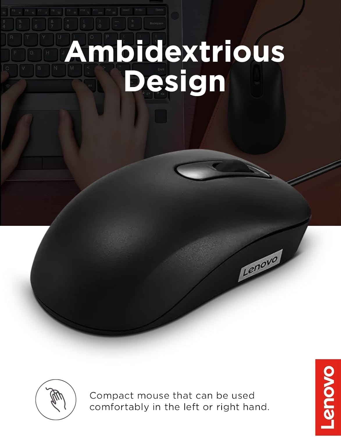 Lenovo 100 Wired USB Computer Mouse for PC, Laptop, Computer with Windows - Full-Size - Ambidextrous Design - 3 Buttons - Red Optical Sensor – Black